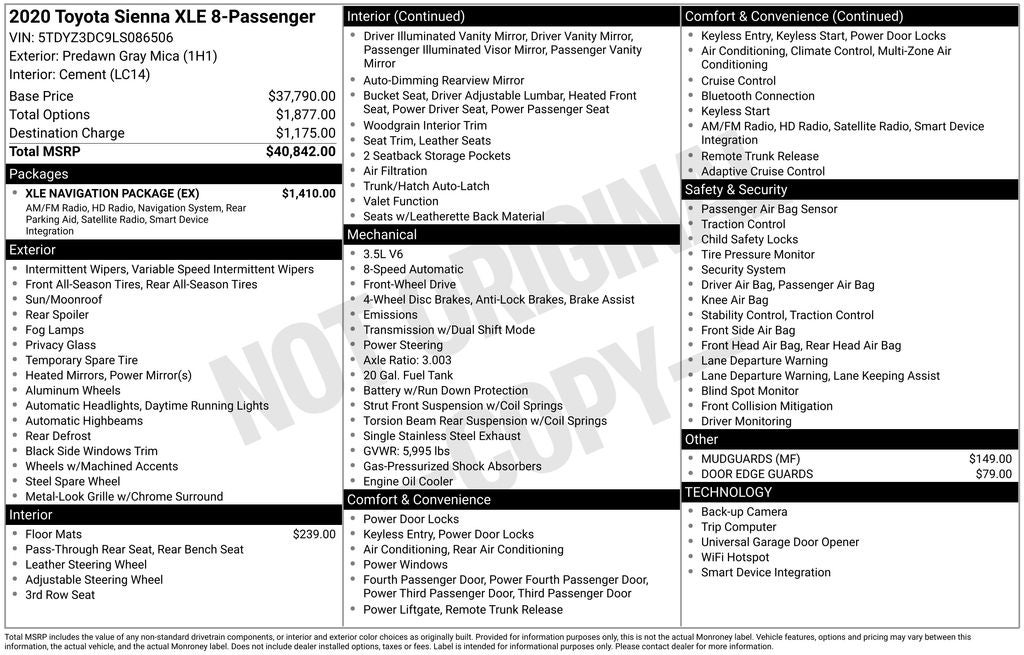 2020 Toyota SIENNA XLE 3.5L Limited 7 Passenger