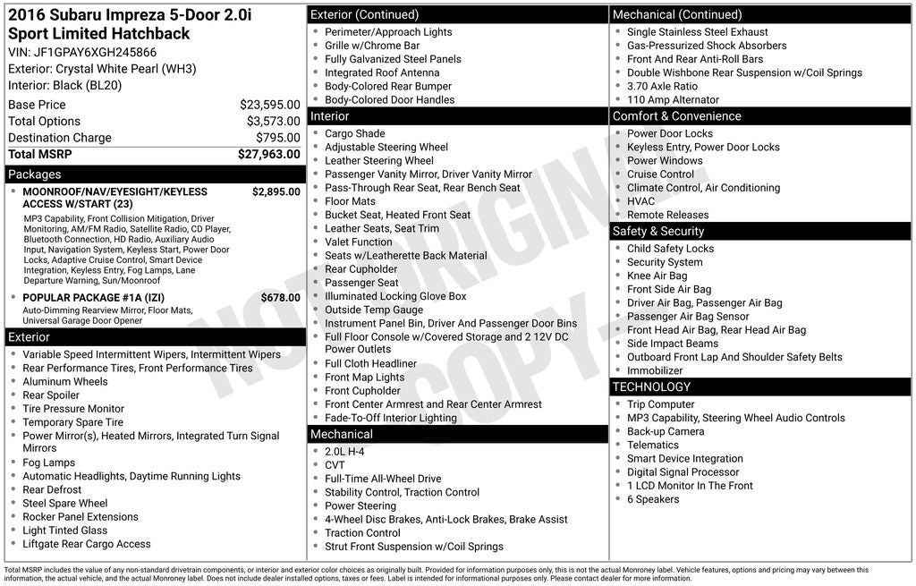 2016 Subaru Impreza 2.0i Sport Limited